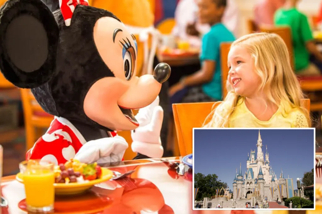 Collage of Minnie Mouse interacting with a young girl at a dining table, and Cinderella's Castle.