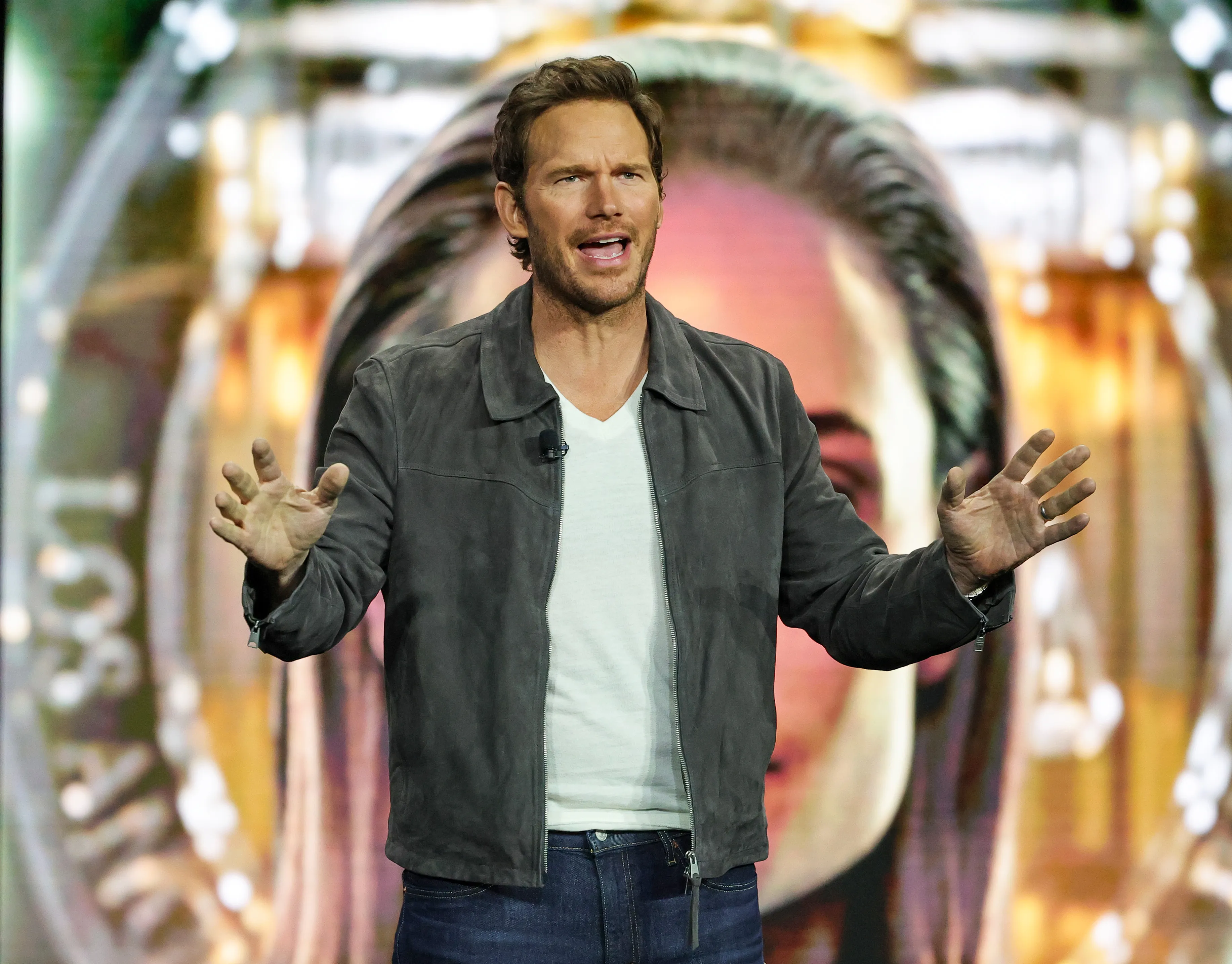 Chris Pratt speaking at the Amazon MGM Studios presentation during CinemaCon.