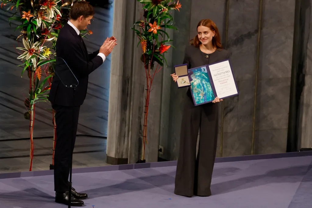 Maria Corina Machado's daughter, Ana Corina Sosa, recieves the Nobel Peace Prize for her mother at the Nobel Peace Prize ceremony at Oslo City Hall on Dec. 10, 2025.
