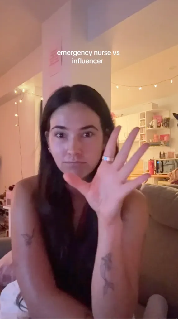 A woman holding her hand up with the text "emergency nurse vs influencer" above her head.