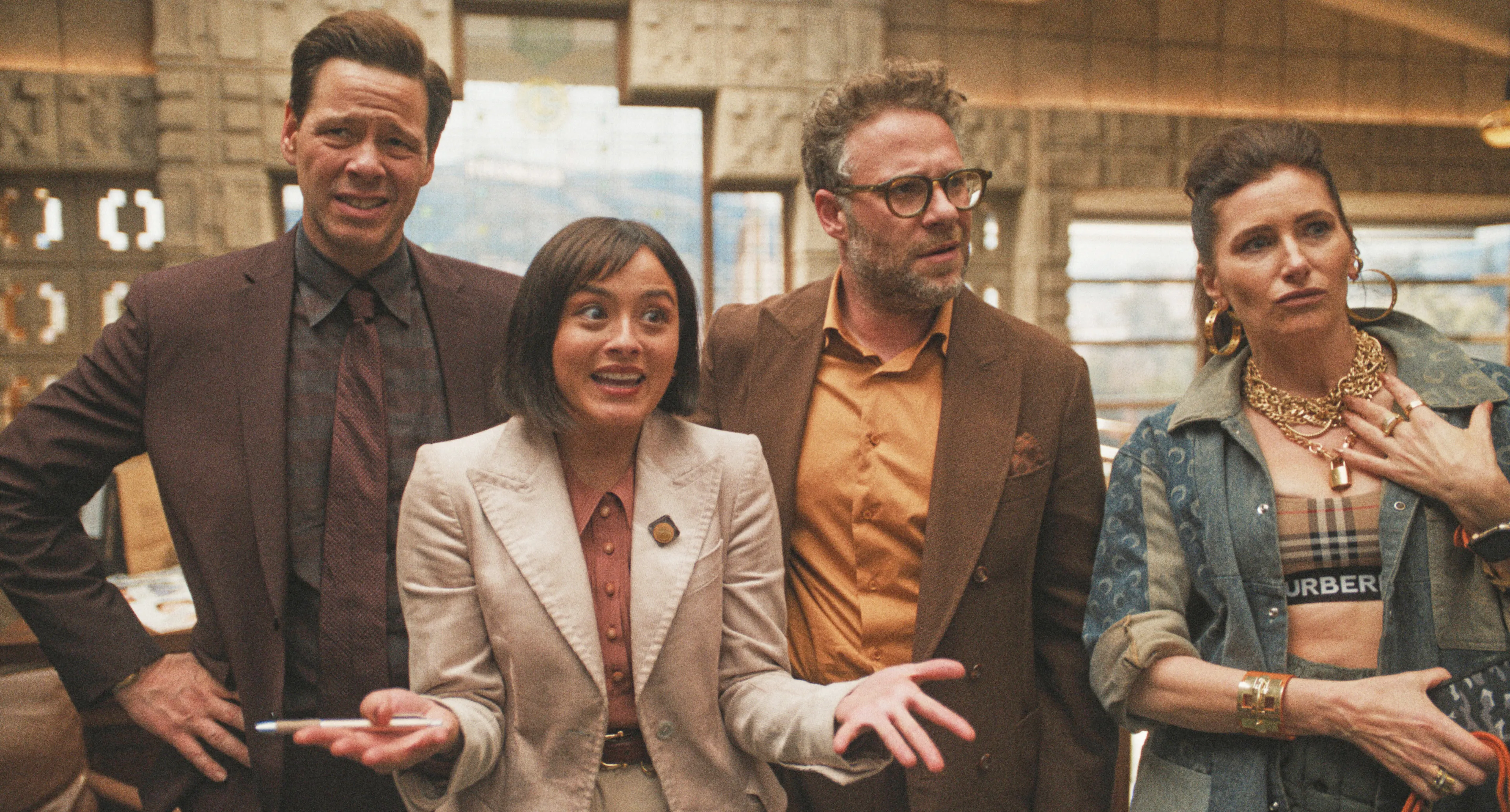 Ike Barinholtz, Chase Sui Wonders, Seth Rogen and Kathryn Hahn in "The Studio."