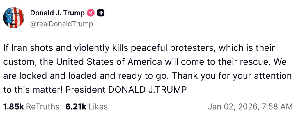 A social media post by Donald J. Trump warning Iran that the US will intervene if they harm peaceful protesters.