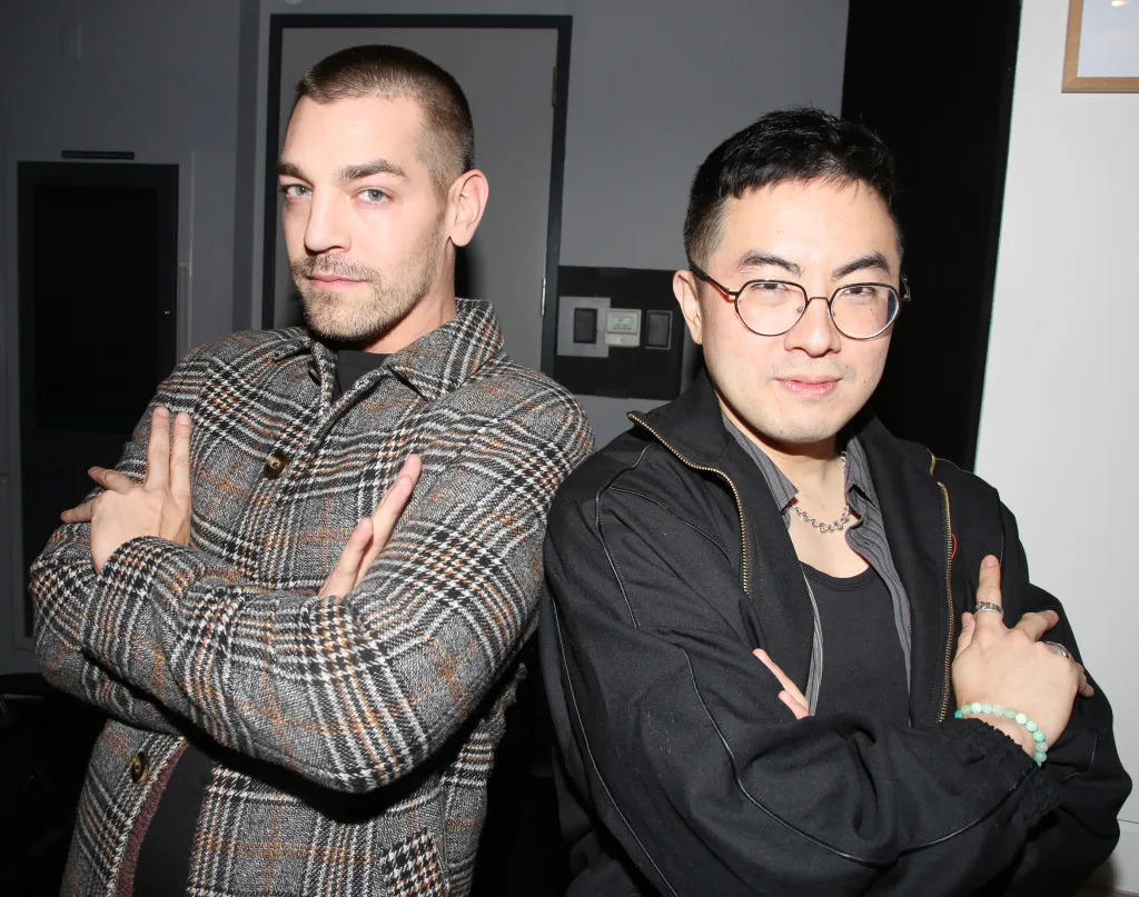 Matt Rogers and Bowen Yang pose backstage at "Messy White Gays" at The Duke on 42nd Street Theater.