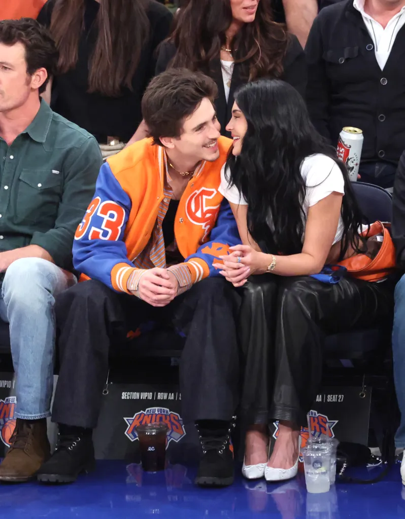 Timothée Chalamet and Kylie Jenner share a moment courtside at Madison Square Garden.