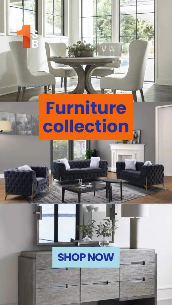 Collage of images showing a dining set, living room set, and dresser with the text "Furniture collection" and "SHOP NOW".