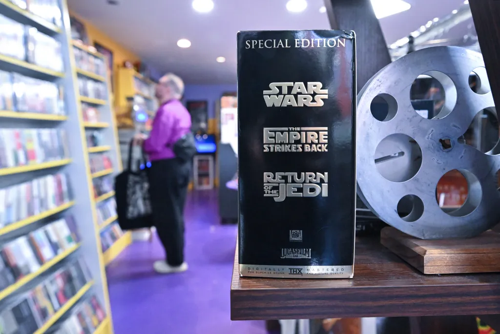 A Special Edition box set of the Star Wars original trilogy in a video store.