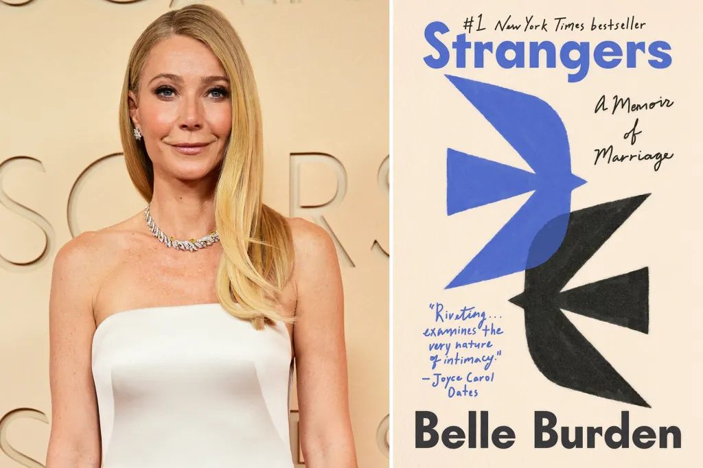 Collage of a photo of Gwyneth Paltrow and the cover of the book "Strangers" by Belle Burden.