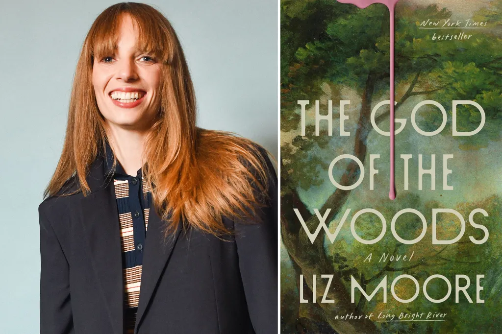 Collage of author Liz Moore and the cover of her book, "The God of the Woods."