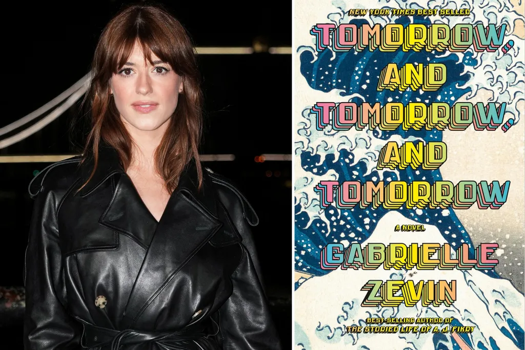 Collage of an image of Daisy Edgar-Jones and the book cover for "Tomorrow, and Tomorrow, and Tomorrow" by Gabrielle Zevin.