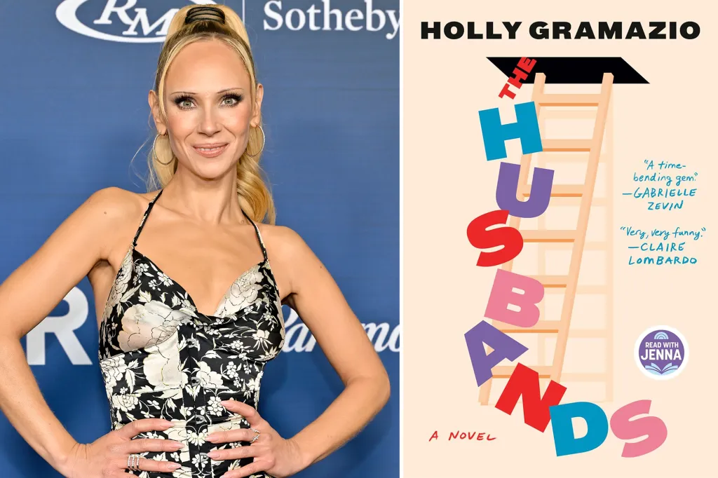 Collage of Holly Gramazio and the cover of her book, "The Husbands".