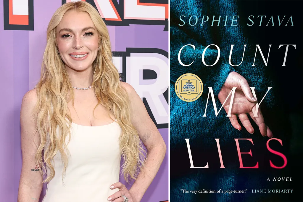 Collage of Lindsay Lohan and the book cover for "Count My Lies" by Sophie Stava.
