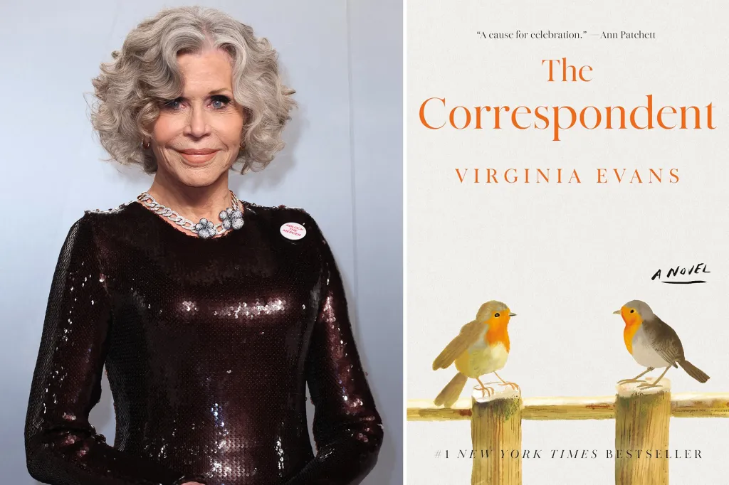 Collage of Jane Fonda wearing a sequined top and a book cover for "The Correspondent" by Virginia Evans.