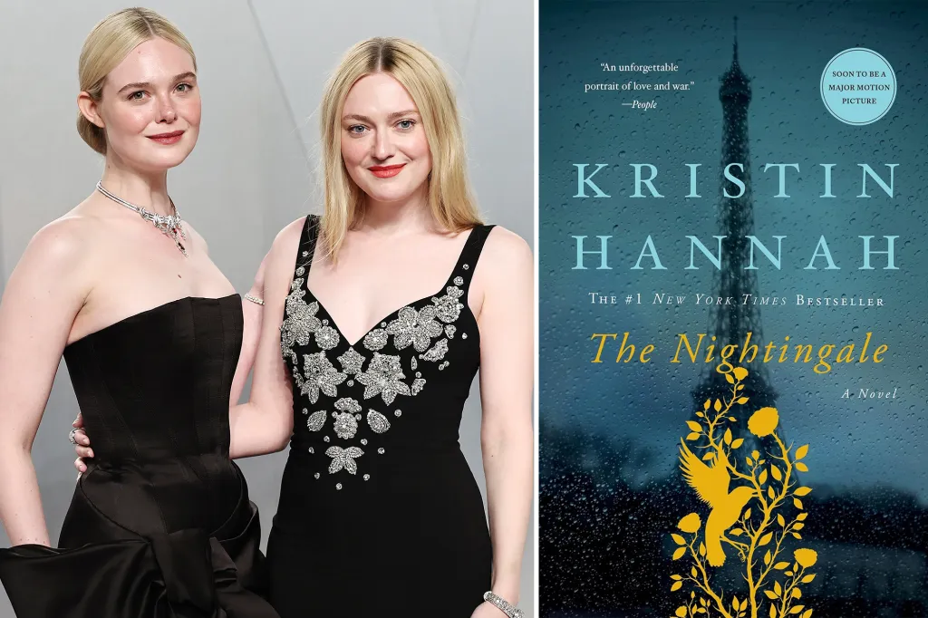 Collage of a photo of Dakota and Elle Fanning, and the book cover for "The Nightingale" by Kristin Hannah.