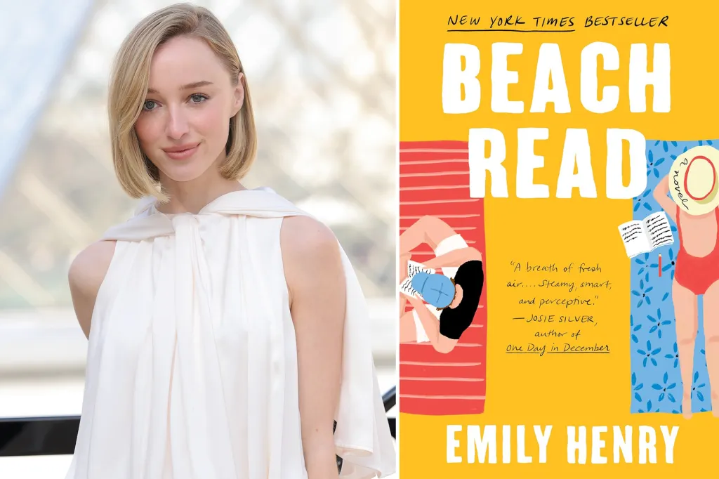Collage of Phoebe Dynevor and the book cover for "Beach Read."