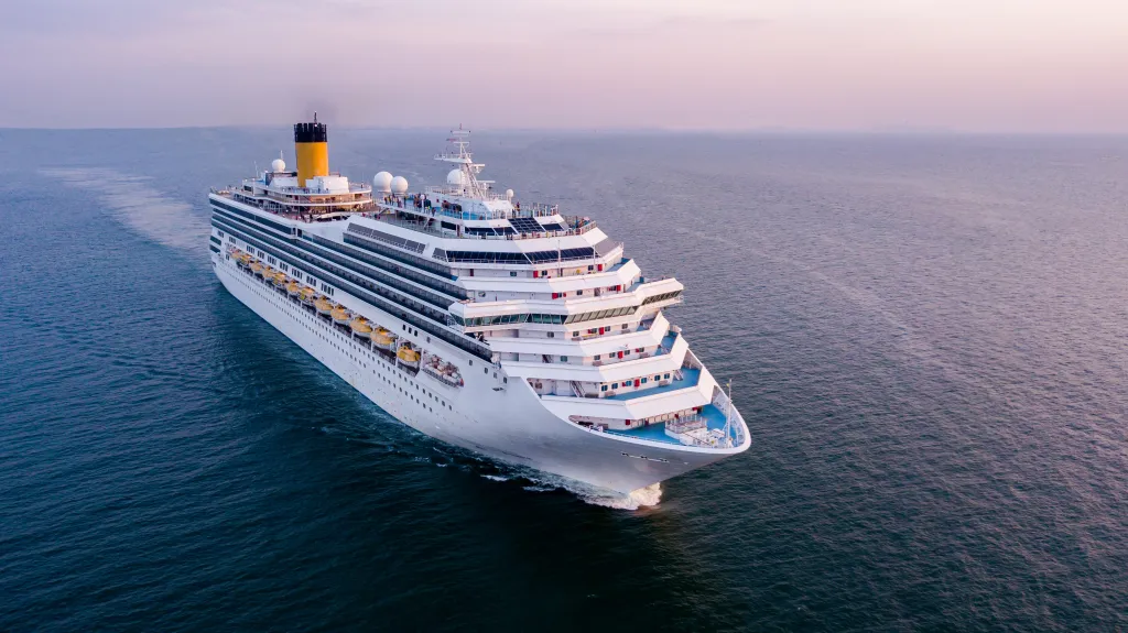 Aerial view of a large white passenger cruise ship at sea.
