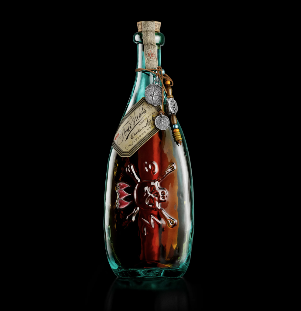 A bottle of rum labeled "Three Hearts Caribbean Rum" with a skull and crossbones design.
