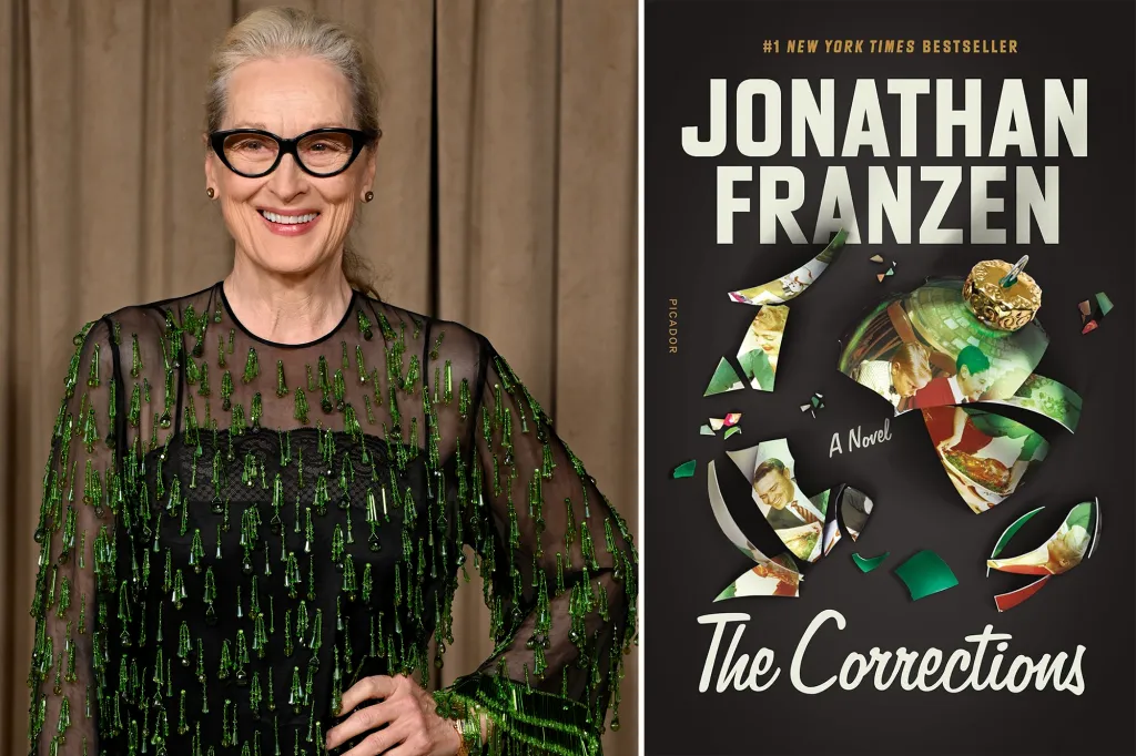 Collage of Meryl Streep and the book cover for "The Corrections" by Jonathan Franzen.
