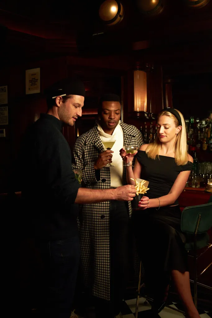 Three friends socialize at a bar with drinks and a serving of french fries.