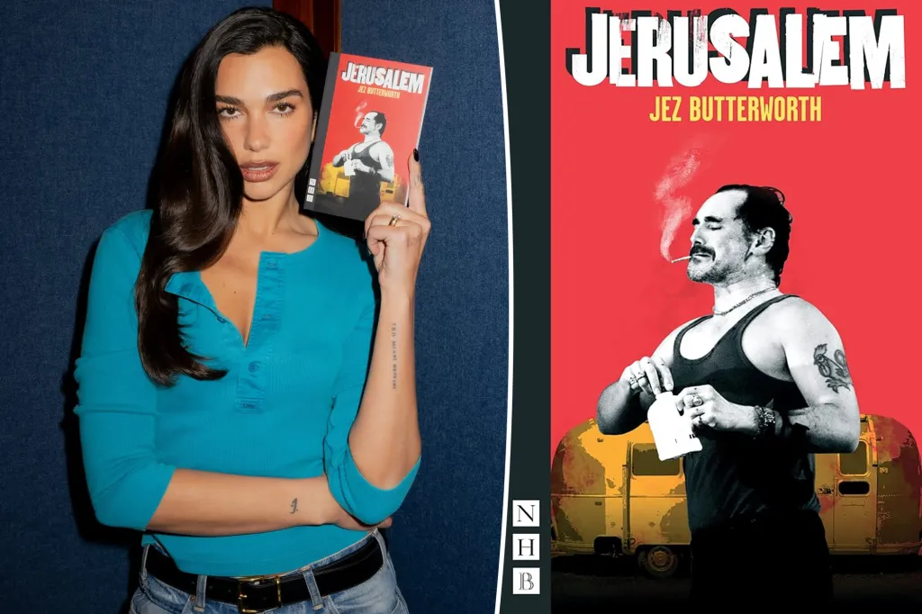 Dua Lipa holds a book titled "Jerusalem" by Jez Butterworth, with an illustration of a man smoking a cigarette on the cover.