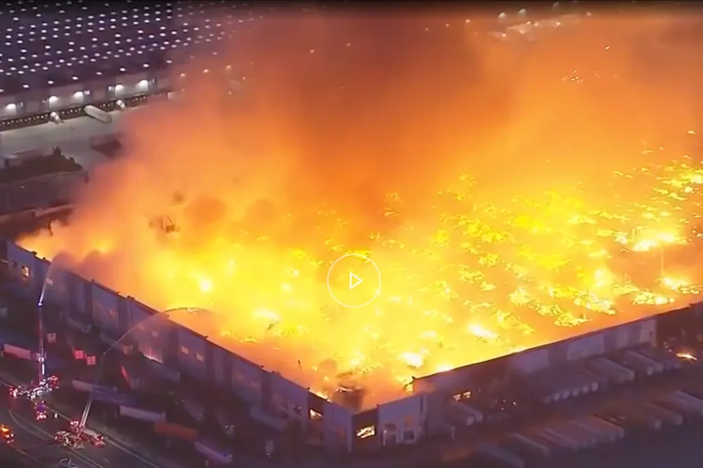 Aerial view of a large warehouse building fully engulfed in orange and yellow flames, with firefighters visible on the ground.