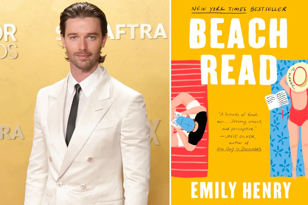 Collage of a man in a white suit and the "Beach Read" book cover.