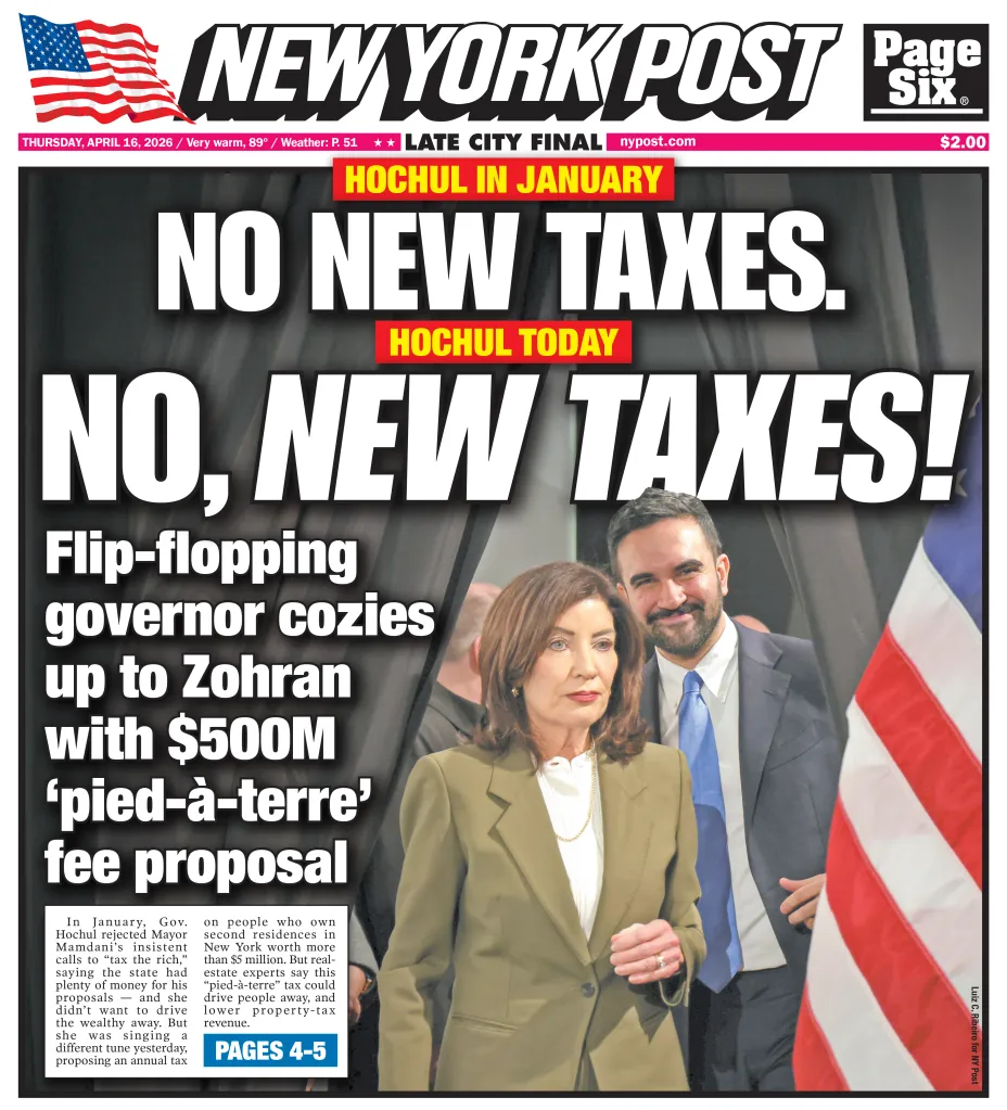 New York Post front page with headlines "HOCHUL IN JANUARY NO NEW TAXES." and "HOCHUL TODAY NO, NEW TAXES!" over a photo of Governor Kathy Hochul and Mayor Zohran Mamdani.