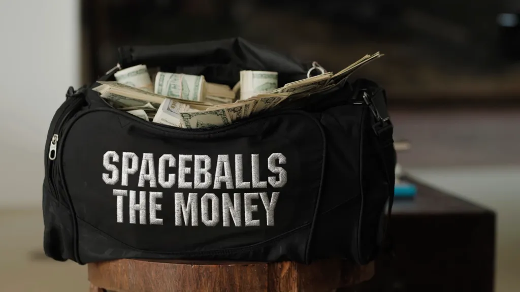 Black duffel bag with "SPACEBALLS THE MONEY" embroidered on the side, overflowing with bundles of US dollar bills.