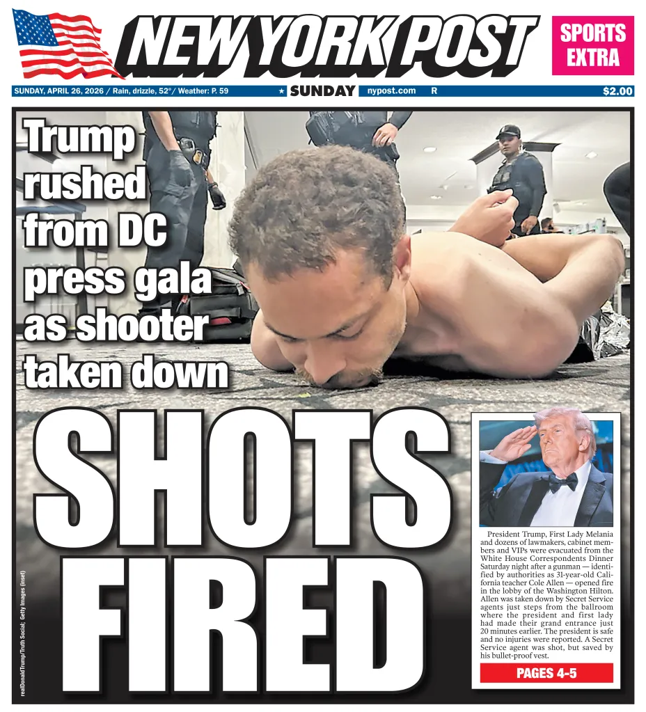 New York Post newspaper cover reporting an assassination attempt on President Donald Trump at a press gala.