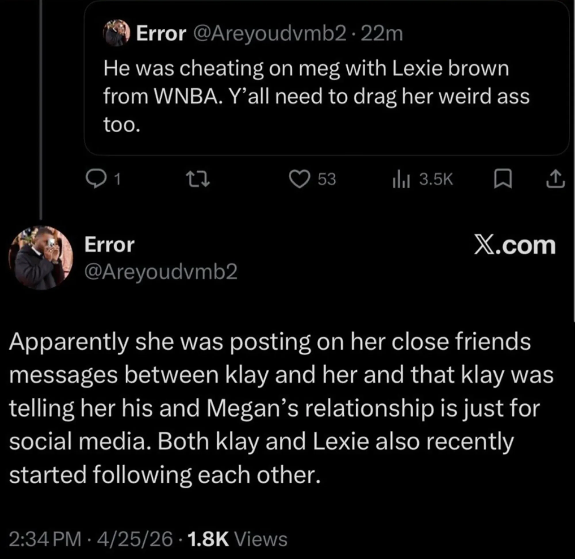 A social media post on a black background, with white text discussing alleged cheating by 