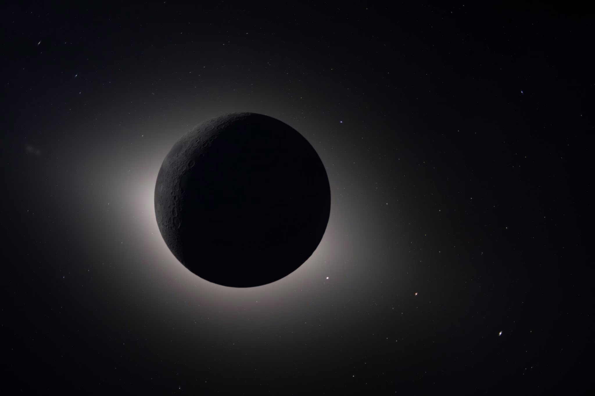 A close view of the dark side of the moon, seen from space, with the glow of the sun visible all around its edge during an eclipse.