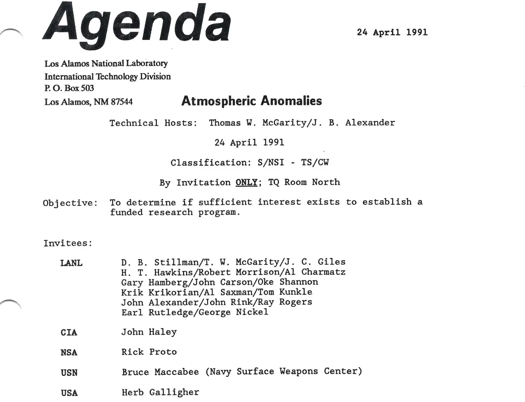 Agenda for a 1991 meeting at Los Alamos National Lab discussing the investigation of "Atmospheric Anomalies" with invitees from LANL, CIA, NSA, USN, and USA.