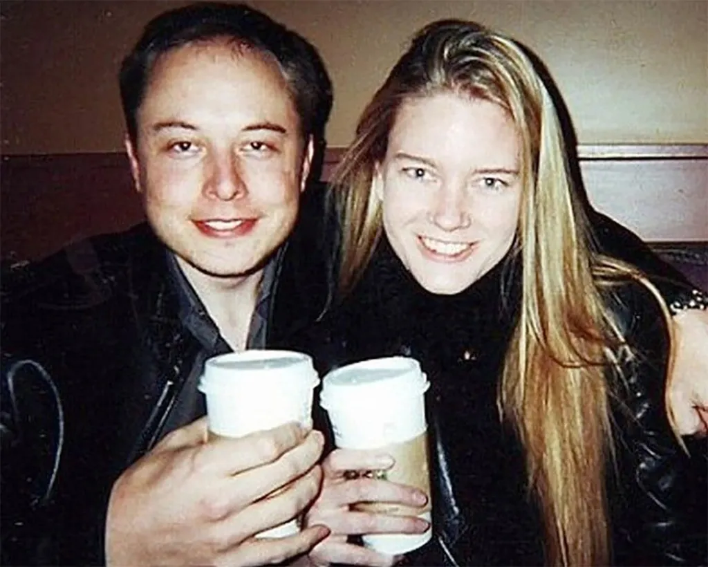 Elon Musk and Justine Wilson smiling and holding coffee cups.