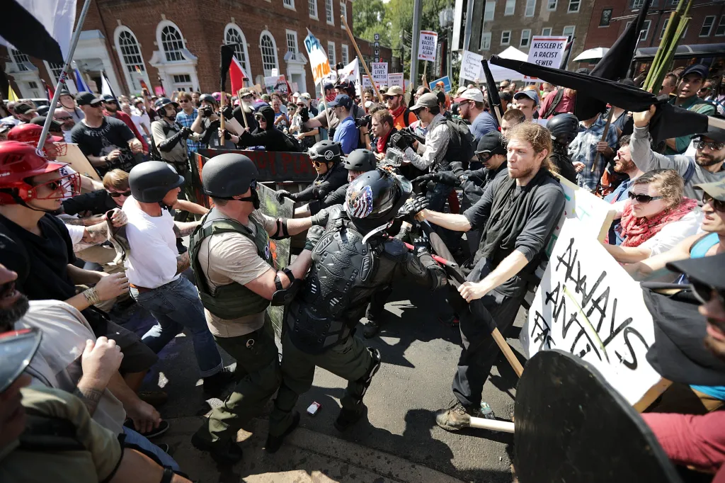 Clashes between white nationalists and counter-protesters at the "Unite the Right" rally in 2017.