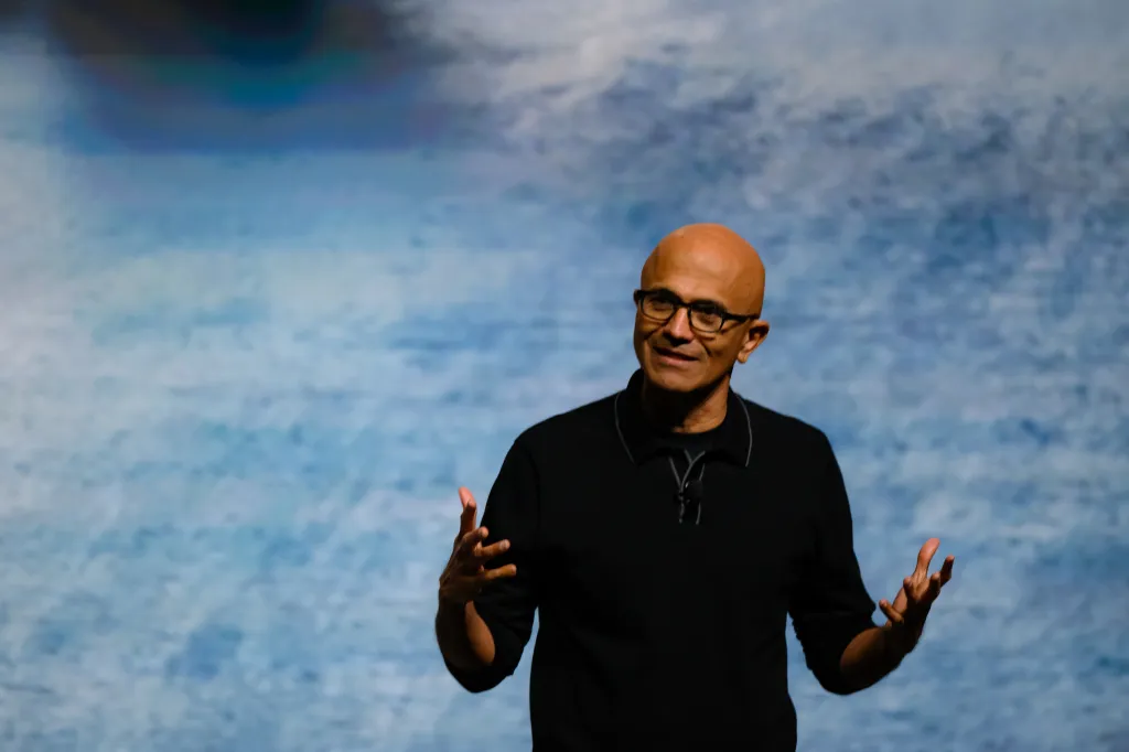 Microsoft CEO Satya Nadella delivers keynote at AI Tour event.