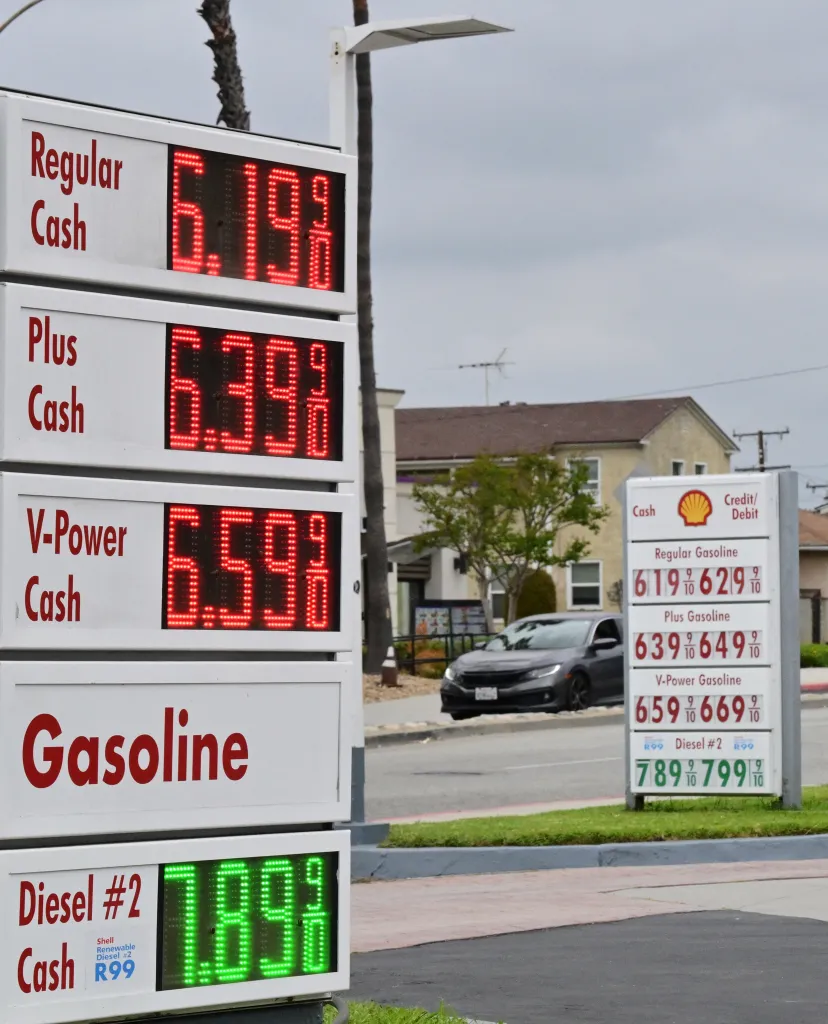 Gasoline and diesel prices displayed at a Shell station.