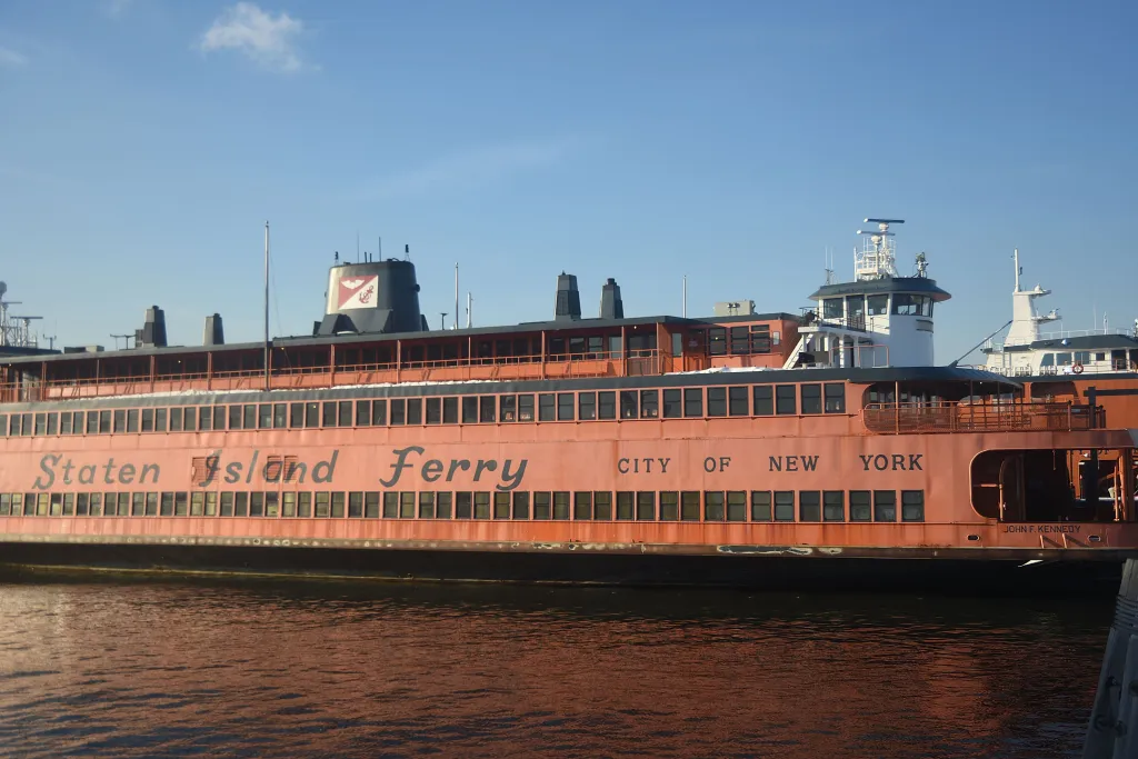 The retired Staten Island Ferry boat, the John F. Kennedy, is moored in New York City.