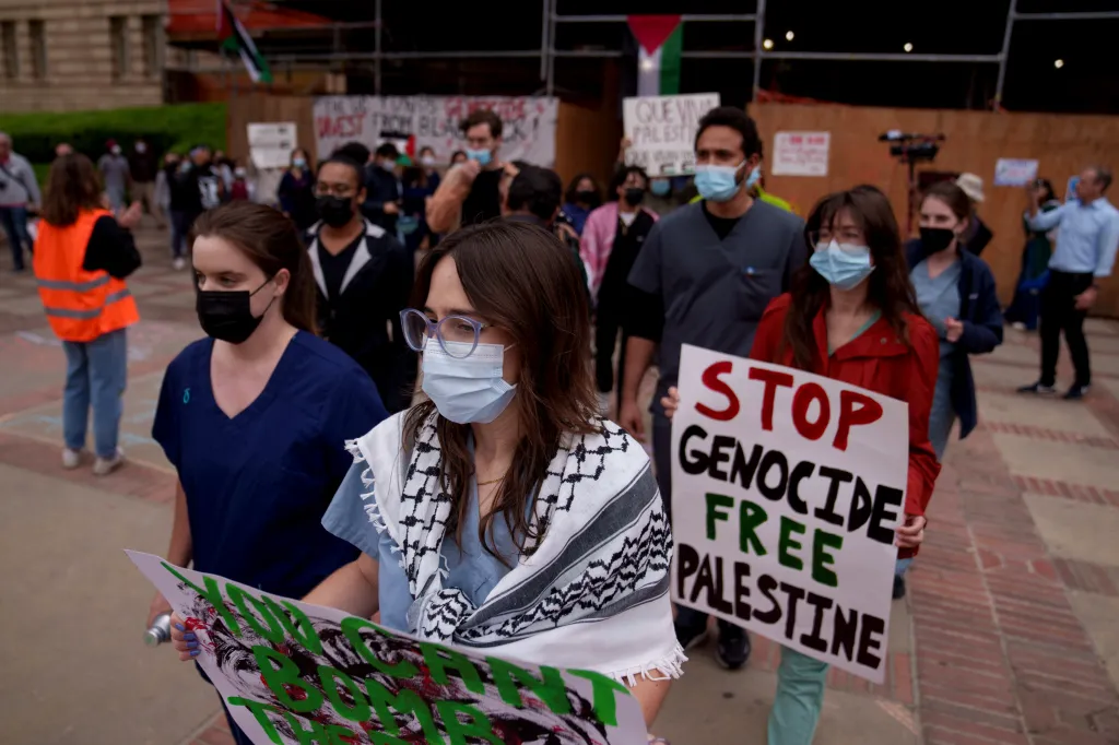Activists demonstrating against genocide in Palestine on the UCLA campus.