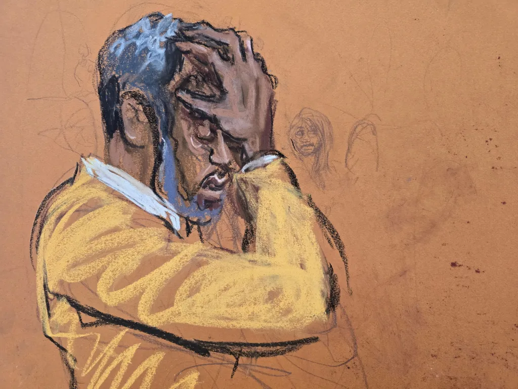Illustration of Sean 'Diddy' Combs in a courtroom, with his head in his hands, expressing distress.