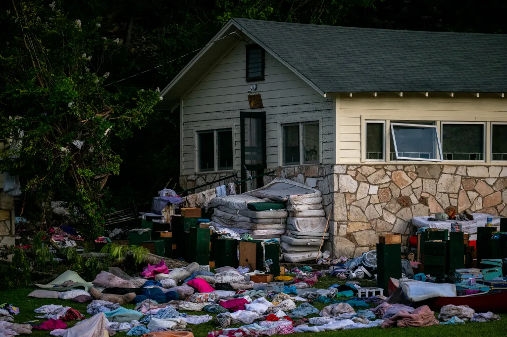 HUNT, TEXAS - JULY 07: Children's belongings are grouped together at Camp Mystic on July 07, 2025 in Hunt, Texas. Heavy rainfall early Friday caused severe flash flooding along the Guadalupe River in central Texas, leaving more than 100 people reported dead, including children attending the camp. (Photo by Brandon Bell/Getty Images)
