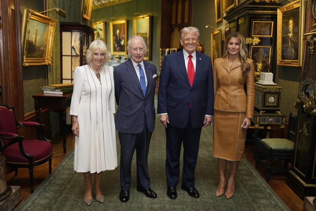 U.S. President Donald Trump and first lady Melania Trump pose with King Charles and Queen Camilla at Windsor Castle.