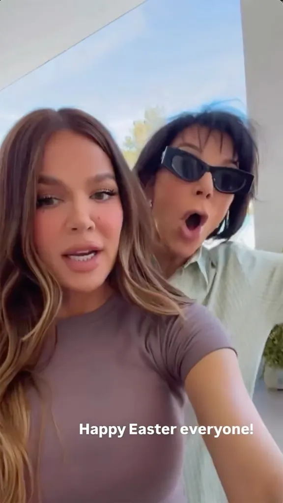 Khloe Kardashian and Kris Jenner looking at the camera, with the text "Happy Easter everyone!"