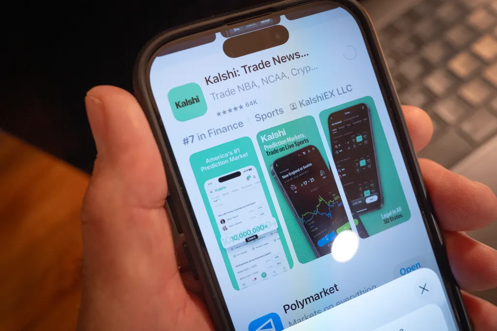 Illustration of a phone displaying the Kalshi prediction market app, showing various prediction categories including sports, politics, and economics.