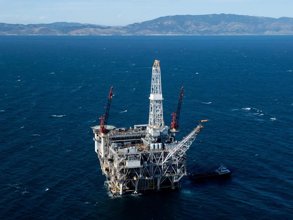 Sable Offshore's 'Heritage' platform, with mountains in the background.