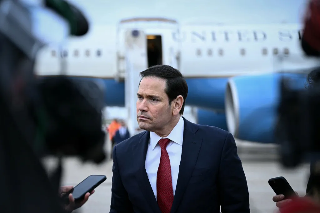 US Secretary of State Marco Rubio speaks to the press after a G7 Foreign Ministers' meeting.