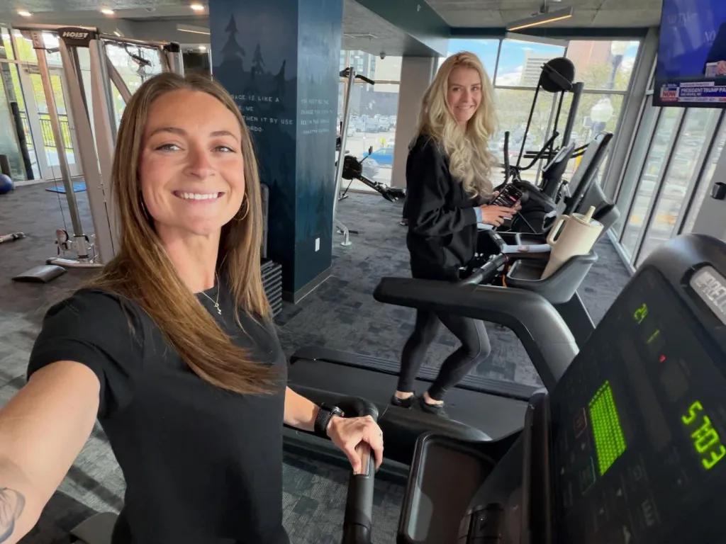 Elizabeth Smart Gilmour and Mackenzie Paralee Holsombake at a gym.