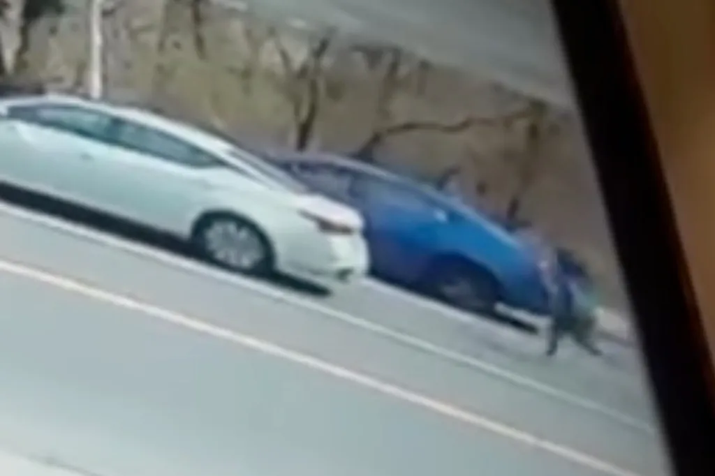 Surveillance video of a white car and a blue car pulled over on the side of a road, with a person standing by the blue car.
