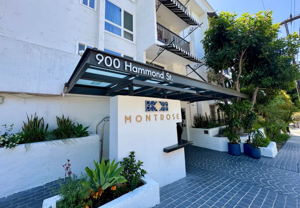 Exterior of The Montrose Hotel at 900 Hammond St. in West Hollywood, CA.