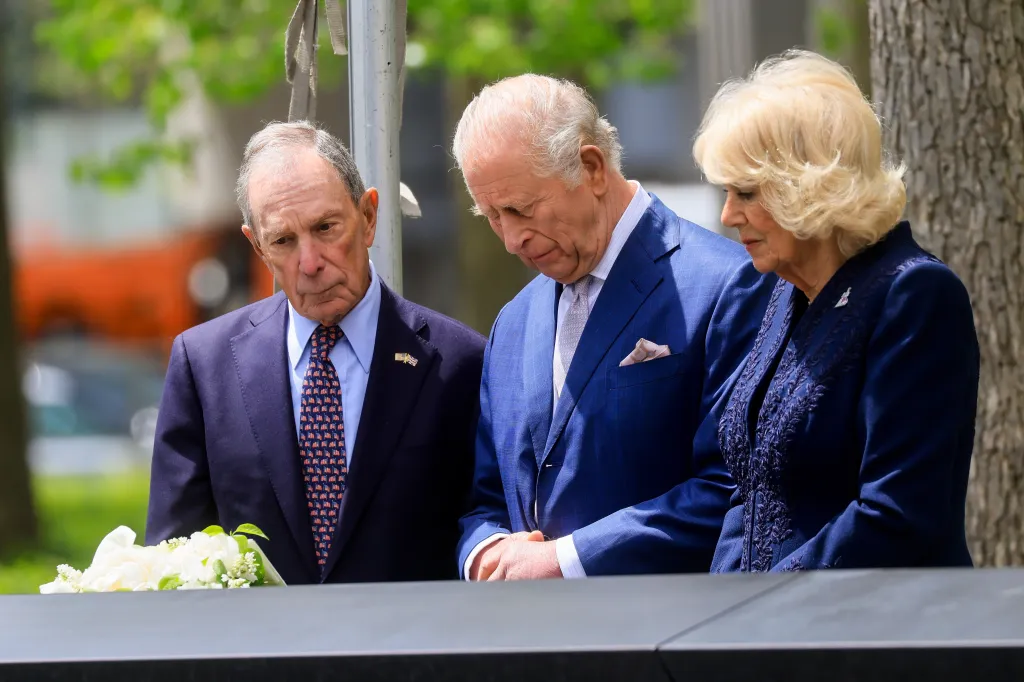 Former New York Mayor Michael Bloomberg, chairman of the National September 11 Memorial, King Charles III and Queen Camilla attend a ceremony at the National September 11 Memorial.