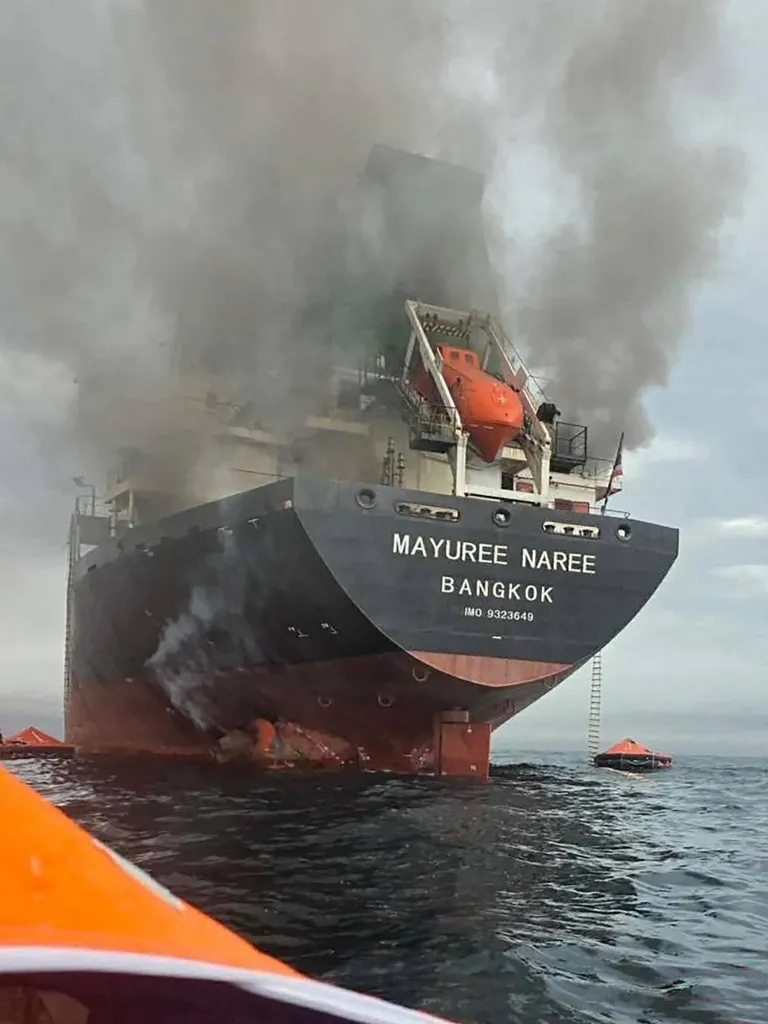 Smoke rising from the Thai bulk carrier 'Mayuree Naree' after an attack.
