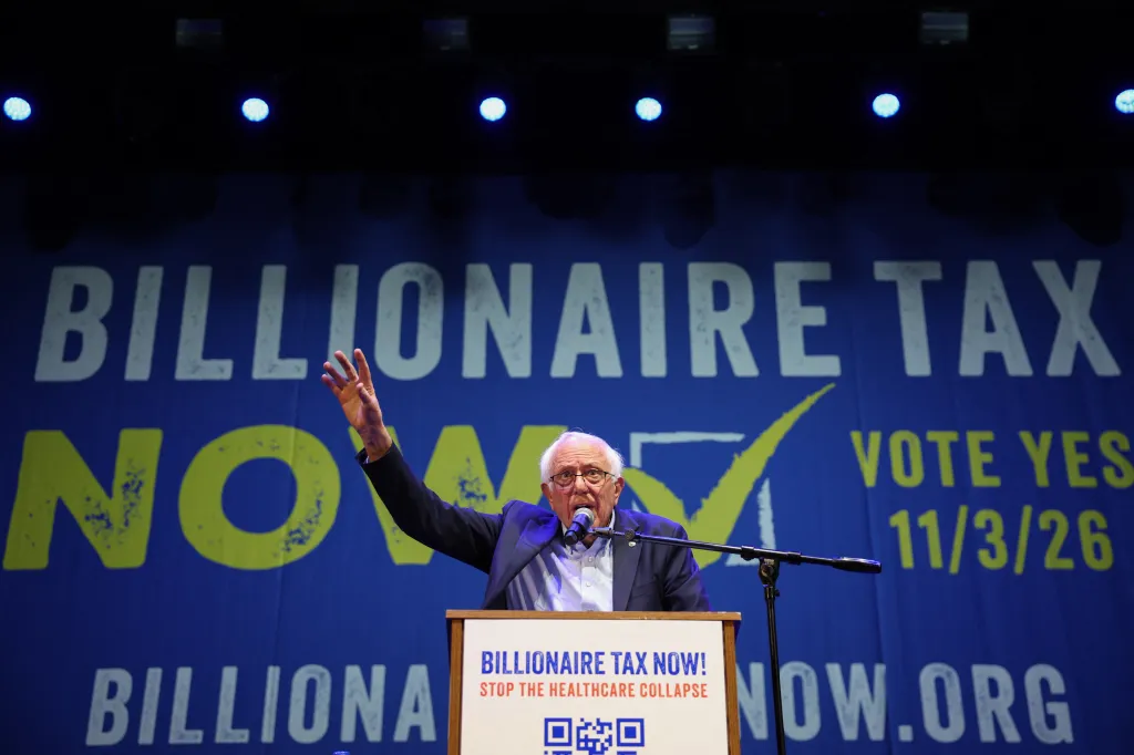 US Senator Bernie Sanders speaking at a campaign kickoff event for the California Billionaire Tax Act.
